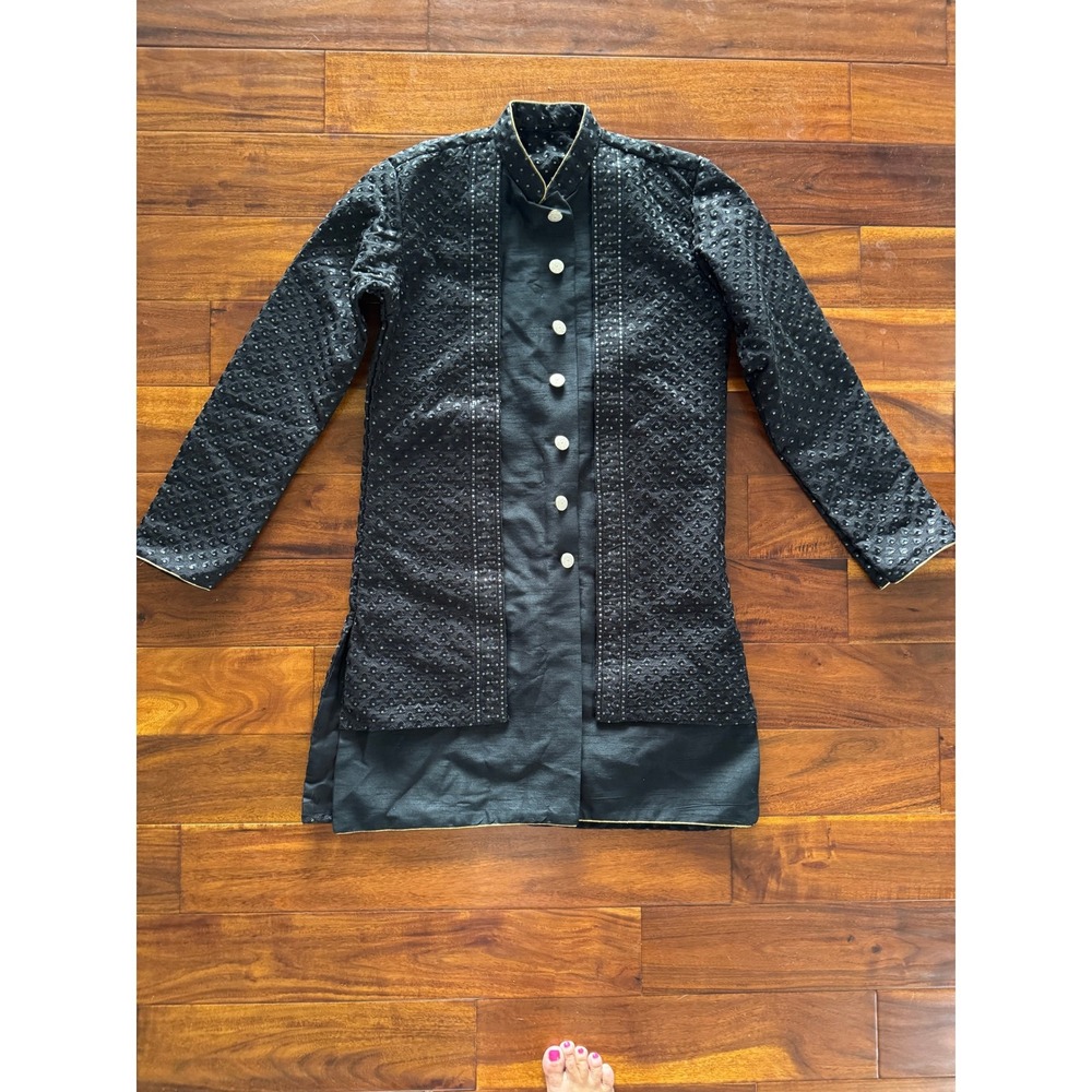 Black Textured Silk‎ Embroidered Button Front sherwani mens